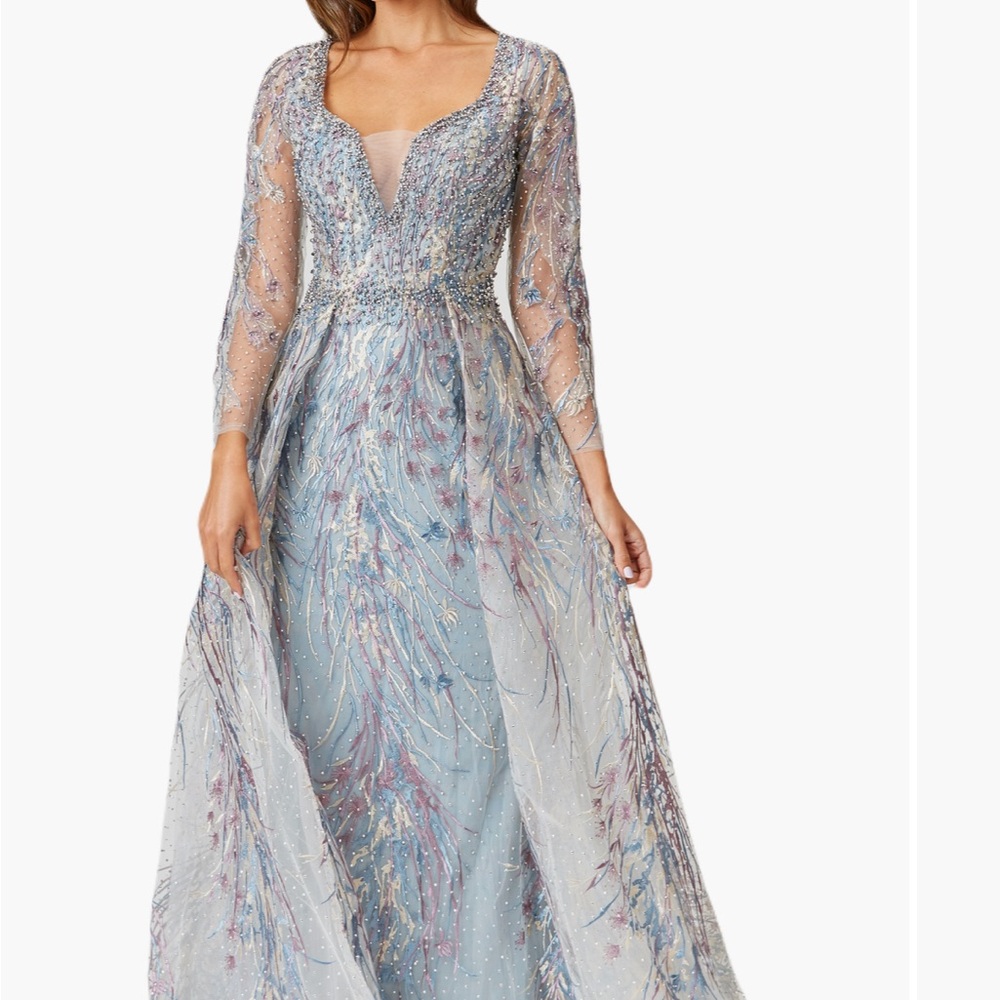 Exquisite Long Sleeve Gown in Silver and Blue